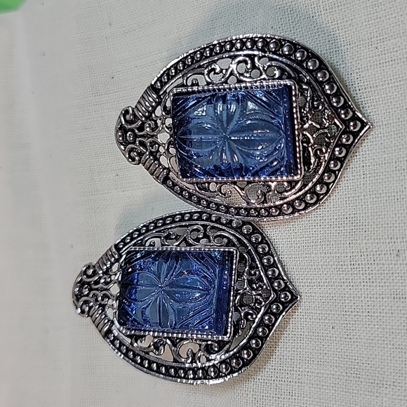 Blue Etched Glass Statement Earrings - Picture 4 of 7